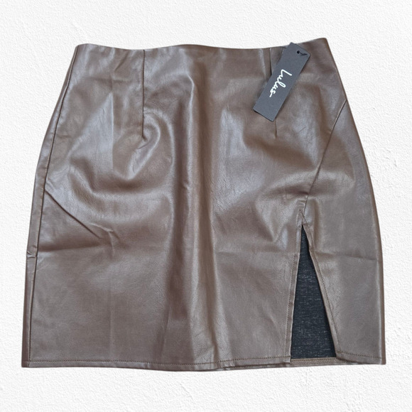 Lulus Dark Brown Vegan Leather Split Hem Walking the Walk Mini Skirt Size Small - Picture 9 of 12